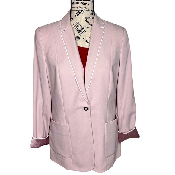 T Tahari Dusty Rose Blazer Size 8 One Button White Piping Trim Preppy Academia - Picture 3 of 15